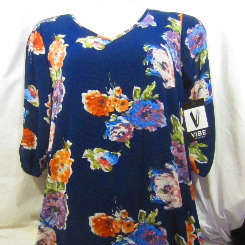 VIBE Petite blue floral tunic blouse top peep slit sleeve WOMEN P L NWT